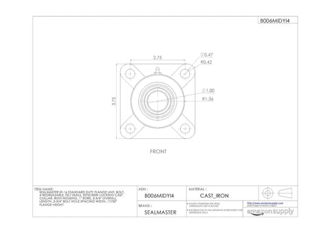 Heavy Duty Cast Iron Flange Mounted Ball Bearing Unit With One Inch Straight Bore And Set Screw Locking Collar top view with dimensions