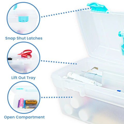 Essentials Lift Out Tray Box For Arts And Crafts Supplies Portable Organizer with handle, clear aqua finish, showcasing tray storage.