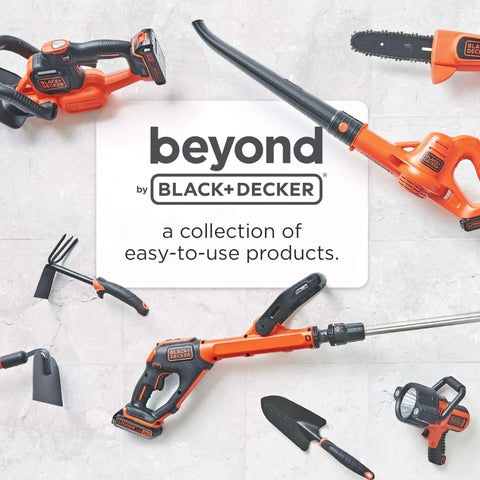Various Black and Decker tools on a white background with 'beyond by Black + Decker' text in the center.