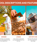 Beekeeping Starter Kit With 11 Essential Tools Including Stainless Steel Smoker Hive Tool Frame Lifter Uncapping Fork Scraper Hook And Water Resistant Tool Bag For Beginners And Pros, smoker, J hook, hat with veil