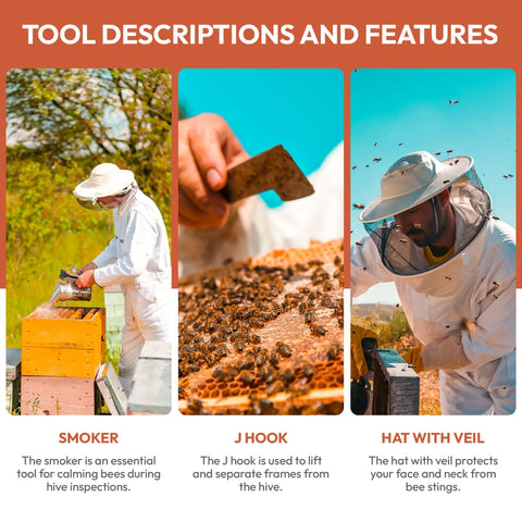 Beekeeping Starter Kit With 11 Essential Tools Including Stainless Steel Smoker Hive Tool Frame Lifter Uncapping Fork Scraper Hook And Water Resistant Tool Bag For Beginners And Pros, smoker, J hook, hat with veil