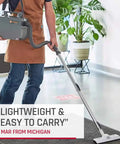 Light As A Feather But Knocks Out Tough Debris Fast Grab And Go Commercial Canister Vacuum used by a person in apron.