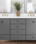 Gray bathroom vanity with gold faucets and Matte Black Cabinet Knobs Set 10 Pack Durable Zinc Alloy Single Hole Cabinet Handles.
