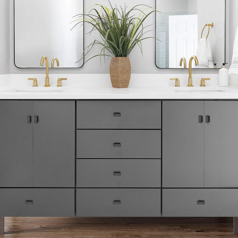 Gray bathroom vanity with gold faucets and Matte Black Cabinet Knobs Set 10 Pack Durable Zinc Alloy Single Hole Cabinet Handles.