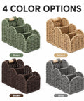Four color options of Handwoven Paper Rope Desk Organizer Basket With Wooden Handle Keeps Your Desk Clean With Must Have Multi Compartment Caddy For Pens Pencils Office Supplies Stationery Makeup Brushes And Remote Controls Gray, Green, Natural, Brown