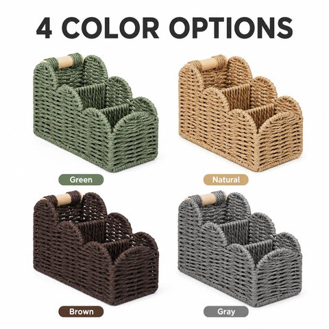 Four color options of Handwoven Paper Rope Desk Organizer Basket With Wooden Handle Keeps Your Desk Clean With Must Have Multi Compartment Caddy For Pens Pencils Office Supplies Stationery Makeup Brushes And Remote Controls Gray, Green, Natural, Brown
