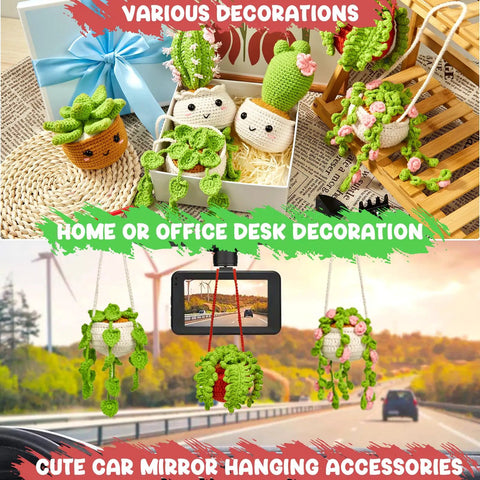 Crocheted amigurumi plant plushies and hanging decorations from Beginner Crochet Kit For Amigurumi And Plant Plushies, All-In-One Starter Set With Step-By-Step Video Guides, 6 Color Yarn Pack, Ergonomic Crochet Hook, Safety Eyes, Stuffing, Yarn Needle, Stitch Markers, And Hanging Planter Props