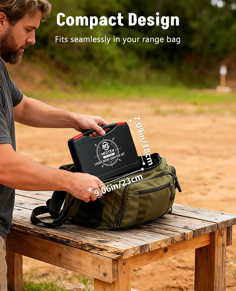 Person placing Laser Bore Sight Kit With 32 Adapters in a range bag outdoors, compact design, measurements displayed.