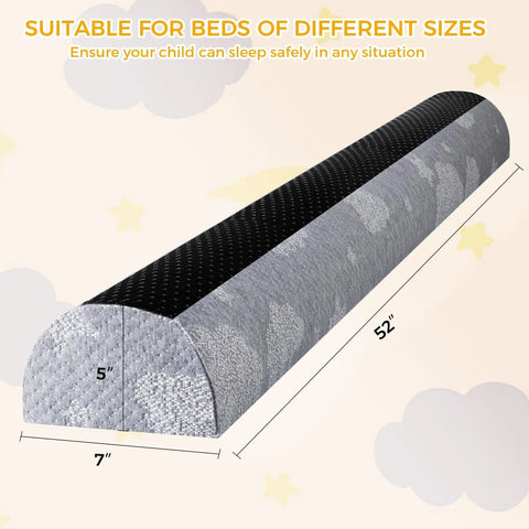High Grade Foam Bed Rail Bumpers For Tots And Silver Folks With Heavy Duty Non Slip Base, 52" long, 7" wide, 5" tall, gray fabric.