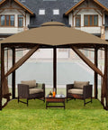 Durable 10x12 Outdoor Gazebo Mosquito Netting With 4 Panel Sidewalls, Double Zippers On All Sides, 100 Percent Polyester Brown Replacement Screen For Easy In And Out installed on patio