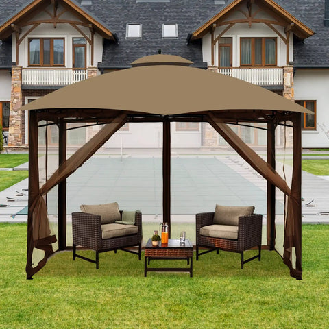 Durable 10x12 Outdoor Gazebo Mosquito Netting With 4 Panel Sidewalls, Double Zippers On All Sides, 100 Percent Polyester Brown Replacement Screen For Easy In And Out installed on patio