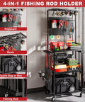 Fishing Rod Holder Rack With Wheels For Garage Storage And Organization, black unit with pegboard and tackle boxes on shelves