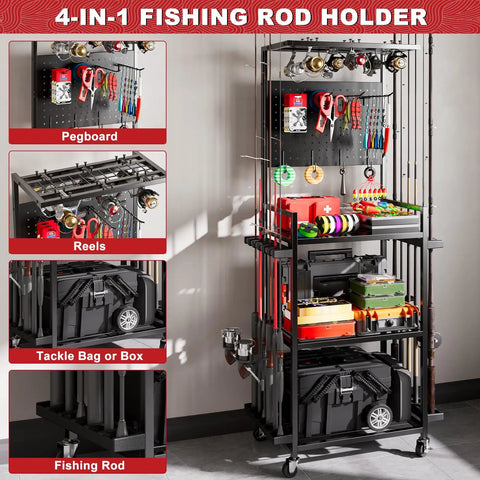 Fishing Rod Holder Rack With Wheels For Garage Storage And Organization, black unit with pegboard and tackle boxes on shelves