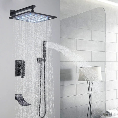 Dope LED Shower System Matte Black Wall Mounted Luxury Rain Mixer Shower Combo With 12 Inch Rainfall Head, Waterfall Tub Spout
