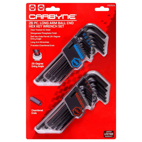 Packaging of Ultimate 26 Piece Long Arm Ball End Hex Key Set With SAE And Metric Allen Keys In 0.05 In To 3/8 In And 1.27 mm To 10 mm