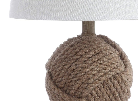 Natural Monkey Fist Rope Ball LED Table Lamp 18 Inches Coastal Nautical Iron And Rope Accent With White Linen Shade
