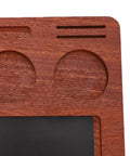 Solid Wood Espresso Tamper Station With Silicone Mat And Seven Piece Barista Gear featuring smooth wooden base and silicone mat cutouts.