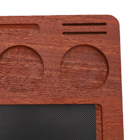 Solid Wood Espresso Tamper Station With Silicone Mat And Seven Piece Barista Gear featuring smooth wooden base and silicone mat cutouts.