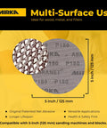 Mirka multi-surface 5-inch sanding disc image showing net abrasive, labeled for compatibility with sanding machines, 80 grit mesh.
