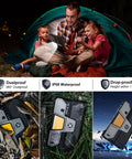 Badass Rugged 5G Tablet Packing Built In Projector And Smooth Android 15 Operating System Heavy Duty Drop Proof Design Unlocked Wide Screen For Outdoor Adventures And Daily Use in a camping setting, man with kids, tent background.