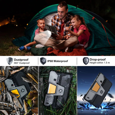Badass Rugged 5G Tablet Packing Built In Projector And Smooth Android 15 Operating System Heavy Duty Drop Proof Design Unlocked Wide Screen For Outdoor Adventures And Daily Use in a camping setting, man with kids, tent background.