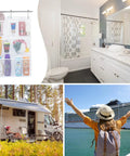 Cruise Essentials Hanging Shower Caddy With 7 Pockets displayed in a bathroom, RV campsite, and cruise setting.