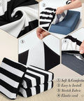 12 Pack Elastic Outdoor Cushion Covers For Patio Sofa Cushions 20 To 27 Inch Fit Washable Black And White Stripes Slipcovers Replacement Protector For Couch Chair Porch Furniture, showcasing stretch fabric and elastic installation.