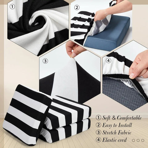 12 Pack Elastic Outdoor Cushion Covers For Patio Sofa Cushions 20 To 27 Inch Fit Washable Black And White Stripes Slipcovers Replacement Protector For Couch Chair Porch Furniture, showcasing stretch fabric and elastic installation.