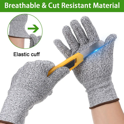 Hands wearing 20 Pairs Cut Resistant Gloves Level 5 Protection For Kitchen Shucking Fish Meat And Wood Carving With No Slip Grip