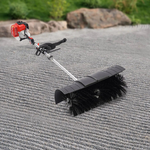 Gas Powered Handheld Sweeper Broom For Lawn Cleanup 52cc 2 Stroke Engine Two Point Three HP Portable Gasoline Powered Sweeping Machine With Fuel Tank Built To Last Durable ABS Aluminum Build Easy Start And Debris Removal. Used on gravel