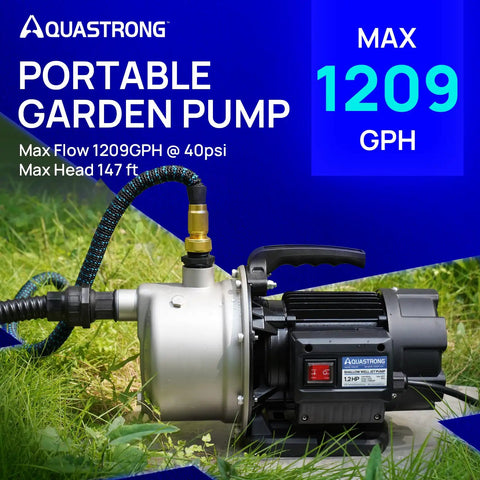 115V Shallow Well Garden Pump Workhorse With Stainless Steel Build, 1209 GPH Max Flow At 5 Ft Head, Portable 1.2 HP Water Transfer Irrigation Pump