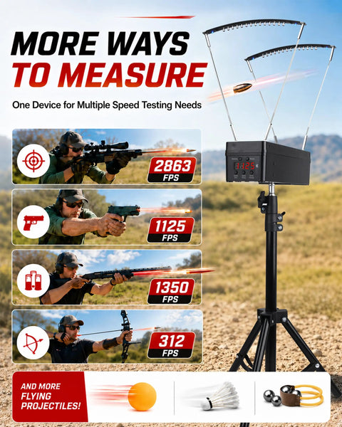 Projectile Speed Chronograph With Bluetooth App And Infrared Optical Sensors 0 To 9999 Feet Per Second Velocity Meter Adjustable Stand Data Storage For Multiple Test Runs Pro Grade For Ballistics Archery And Firearm Labs measuring rifle, pistol, and bow speeds