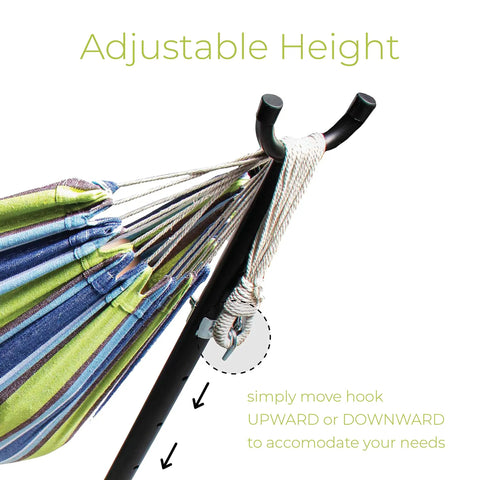 Close-up of Double Camping Hammock With Steel Stand And Carrying Bag Adjustable Height Ultra Soft Cotton Blend 550 Pound Capacity Indoor And Outdoor Portable Hammock Chill Anywhere showing adjustable hook mechanism.