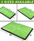 Heavy-Duty Golf Hitting Mat With Swing Path Feedback For Indoor And Outdoor Practice, three sizes with dimensions shown