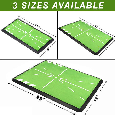 Heavy-Duty Golf Hitting Mat With Swing Path Feedback For Indoor And Outdoor Practice, three sizes with dimensions shown