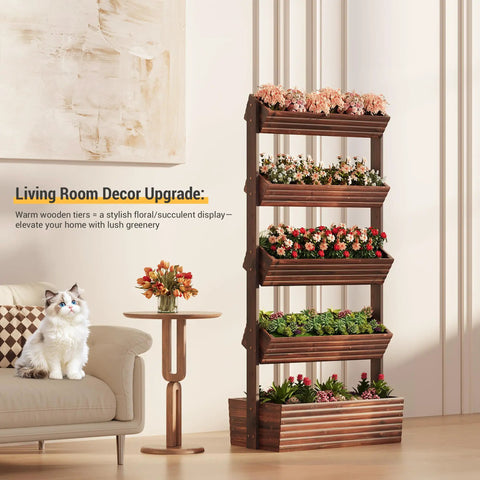 Vertical Wooden Five Tier Garden Bed With Five Planter Boxes Freestanding Plant Stand displayed in a living room
