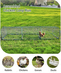 Outdoor Metal Chicken Run Tunnel For Eight To Twelve Chickens Predator Proof Easy Install in a grassy yard with animals shown.