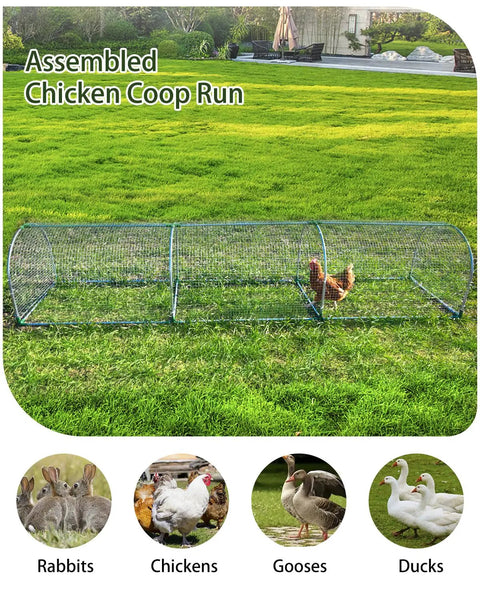 Outdoor Metal Chicken Run Tunnel For Eight To Twelve Chickens Predator Proof Easy Install in a grassy yard with animals shown.