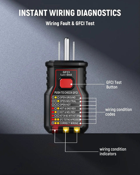 Circuit Breaker Finder With LCD Display And GFCI Outlet Tester For 90 To 130V AC Systems, Quick Wire Locator, NCV Non Contact Voltage Test, Built In Flashlight, Includes Carrying Case And Alligator Clips, black plug-in tester with GFCI labels