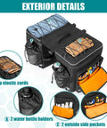 50L Expandable Rear Rack Bike Bag With Rain Cover showing top elastic cords, side pockets, and water bottle holders