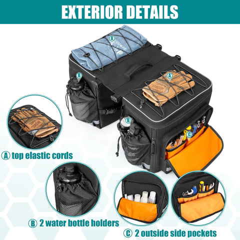 50L Expandable Rear Rack Bike Bag With Rain Cover showing top elastic cords, side pockets, and water bottle holders