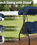 Three Seat Outdoor Porch Swing With Adjustable Canopy And 2 In 1 Convertible Bed For Backyard Blue With Cup Holder And Pillow