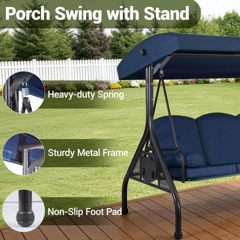 Three Seat Outdoor Porch Swing With Adjustable Canopy And 2 In 1 Convertible Bed For Backyard Blue With Cup Holder And Pillow
