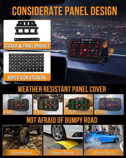 Beefed-Up 8 Gang Toggle Switch Panel With RGB Backlit and icon stickers, weather resistant in various conditions.