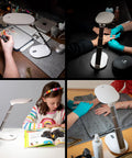 Foldi Go Portable Table Lamp for Crafts and Sewing in use for painting and manicure, showing adjustable brightness and carry case.
