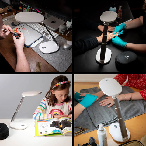 Foldi Go Portable Table Lamp for Crafts and Sewing in use for painting and manicure, showing adjustable brightness and carry case.