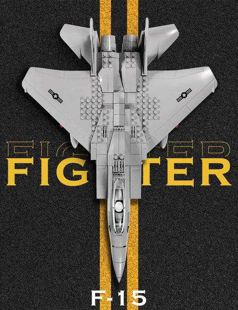 Top view of the F 15 Eagle Fighter Jet Building Block Set With 262 Pieces For Kids Ages 8 And Up And Military Fans Build Display And Play A Realistic Model Aircraft For Hands On STEM Fun And Cool Collectible Gift on a black background with yellow fighter text.