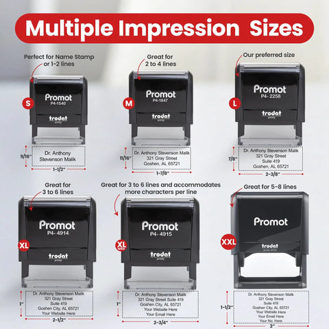Multiple sizes of self inking stamp for name and address, XXL custom rubber stamp for home office or biz use, personalize up to 3 lines.