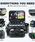 Waterproof Fishing Tackle Box 4 Pack with 3600 tackle trays, open compartments, side and bottle pockets with tools and rod holder.