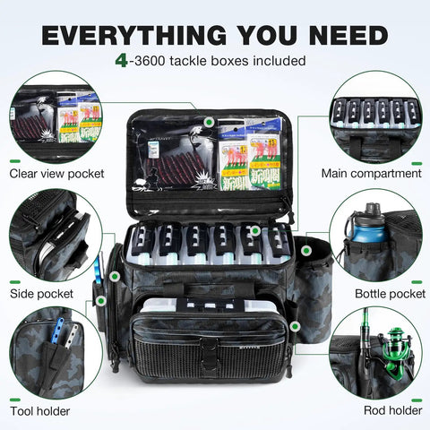 Waterproof Fishing Tackle Box 4 Pack with 3600 tackle trays, open compartments, side and bottle pockets with tools and rod holder.